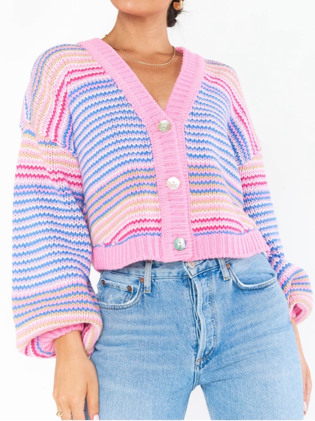 Show Me Your Mumu Xs Good Karma Cardi Pink Stripe Relaxed Preppy Coquette Knit